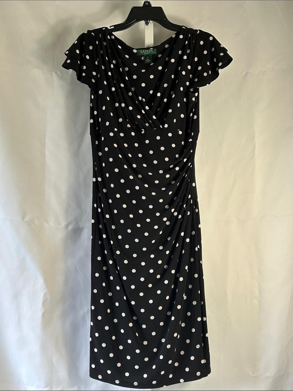 Ralph Lauren Women’s 6 Black White Polka Dot Cap Sleeve V Neck Designer Dress